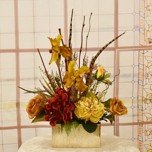 Product: Elegant LianBangSeaHorse Long-Term Storage Artificial Flower Centerpiece - Iris & Rose in Gold Vase for DIY Wedding Arrangements