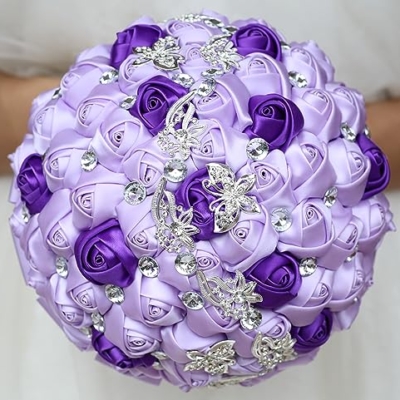Product: Sharebeauty 9.4" Handmade Satin Rose Bridal Bouquet Toss Round Wedding Bouquet Throw Toss Artificial Flower Bunch Light Purple + Purple