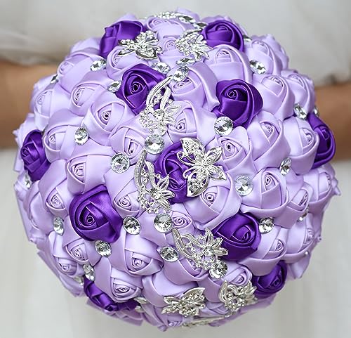 Product: Sharebeauty 9.4" Handmade Satin Rose Bridal Bouquet Toss Round Wedding Bouquet Throw Toss Artificial Flower Bunch Light Purple + Purple