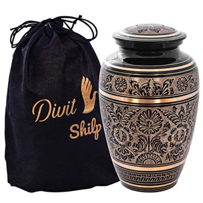 Product: Cremation Urn for Human Ashes with Satin Bag, for Adults up to 200 lbs | Large Handcrafted Funeral Urns by Divit Shilp (Adult, Black Art)