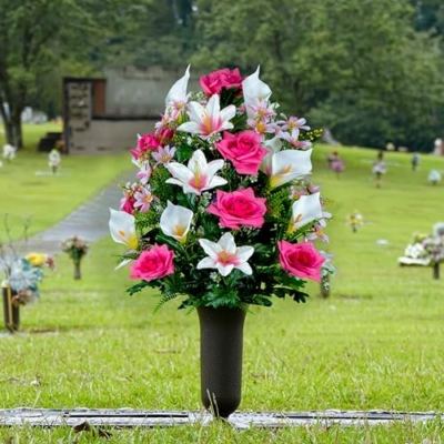 Silky Flower Store Cemetery Flowers Bouquet Pink Roses White Lily Calla Lilies, Artificial Grave Flowers, 36 Flowers, 20.5cm 11 11 Product: Pink Roses, White Lily & Calla Lilies - 36 Flowers in Bouquet - Sympathy Silks Flowers For Cemeteries - Cemetery Flowers for Grave - Mothers Day Spring Summer Arrangement