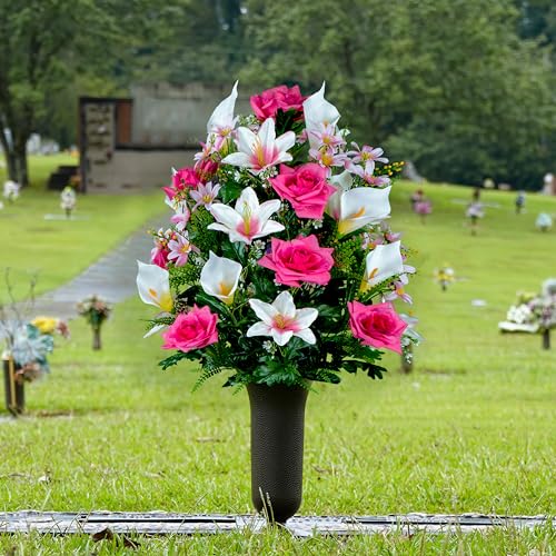 Silky Flower Store Cemetery Flowers Bouquet Pink Roses White Lily Calla Lilies, Artificial Grave Flowers, 36 Flowers, 20.5cm 2 2 Product: Pink Roses, White Lily & Calla Lilies - 36 Flowers in Bouquet - Sympathy Silks Flowers For Cemeteries - Cemetery Flowers for Grave - Mothers Day Spring Summer Arrangement