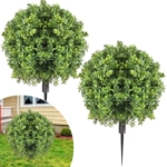 Product: Canlierr 2 Pcs Artificial Boxwood Topiary Ball Bush 26" Tree UV Resistant with Spike Easy to Push in The Ground Fake Boxwood Plants Faux Greenery Shrubs for Indoor Outdoor Home Garden (Light Green)