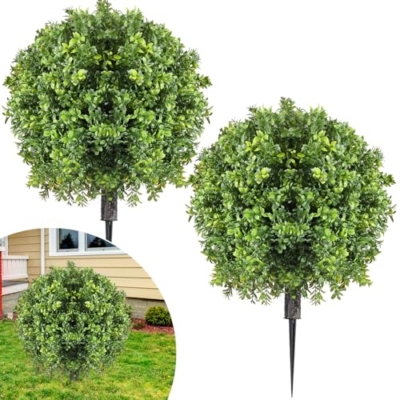 Product: Canlierr 2 Pcs Artificial Boxwood Topiary Ball Bush 26" Tree UV Resistant with Spike Easy to Push in The Ground Fake Boxwood Plants Faux Greenery Shrubs for Indoor Outdoor Home Garden (Light Green)