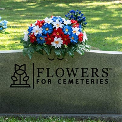 Silky Flower Store Artificial Cemetery Flowers, Red White Blue Dahlia Headstone Saddle, Outdoor Grave Decoration, 32.5cm 5 5 Product: Sympathy Silks Artificial Cemetery Flowers - Realistic - Outdoor Grave Decorations - Non-Bleed Colors, and Easy Fit - Red White & Blue Dahlia Saddle for Headstone