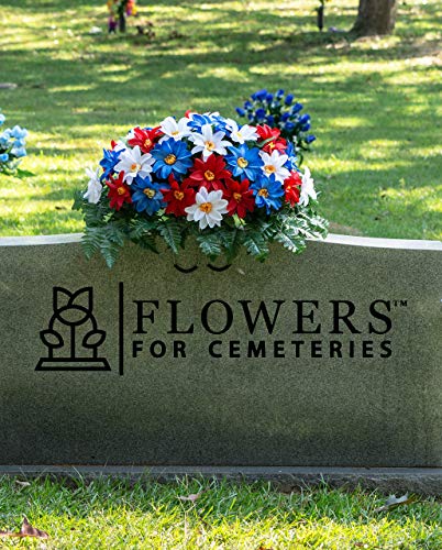 Silky Flower Store Artificial Cemetery Flowers, Red White Blue Dahlia Headstone Saddle, Outdoor Grave Decoration, 32.5cm 1 1 Product: Sympathy Silks Artificial Cemetery Flowers - Realistic - Outdoor Grave Decorations - Non-Bleed Colors, and Easy Fit - Red White & Blue Dahlia Saddle for Headstone