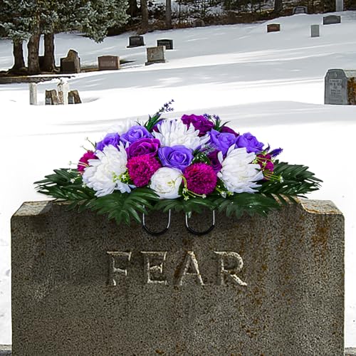 Product: XONOR Artificial Headstone Flower Saddles for Graves, Cemetery Memorial Flowers for Outdoor Tombstone Decorations, Artificial Peony Rose Flowers Saddle (Purple&White, 1 Saddle 2 Bouquets)