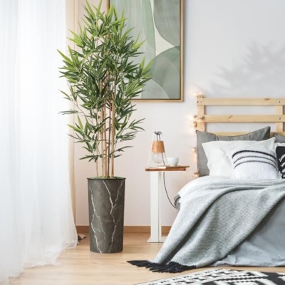 Product: Artificial Tree in Modern Granite Effect Planter, Fake Bamboo Silk TRE for Indoor and Outdoor Home Decoration - 70" Overall Tall (Plant Pot Plus Tree)