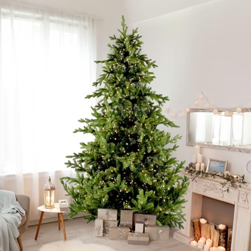 Silky Flower Store Fraser Hill Farm Woodside Pine Artificial Christmas Tree, White Incandescent Smart Lights, Metal Base, 7.5 Feet Tall 7 7 Product: Fraser Hill Farm Woodside Pine Christmas Tree, 7.5 Feet Tall, Artificial Tree with Metal Base Includes White Incandescent Smart Lights, Artificial Holiday Tree Easy to Set Up and Easy to Connect