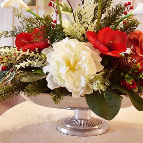 Silky Flower Store Artificial Orchid Amaryllis Christmas Centerpiece, Silver Boat Bowl, Elegant Faux Floral Table Decor, 32.5cm 2 2 Product: Elegant Long-Term Storage Artificial Orchid & Amaryllis Christmas Centerpiece in Silver Boat Bowl - Perfect Winter Wedding Decoration