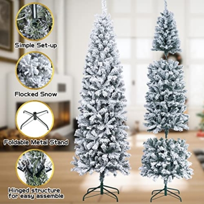 Product: 6FT Prelit Pencil Christmas Tree Artificial Snow Flocked Slim Skinny Christmas Trees with 250 LED Warm White Lights for Christmas Indoor Outdoor Decoration