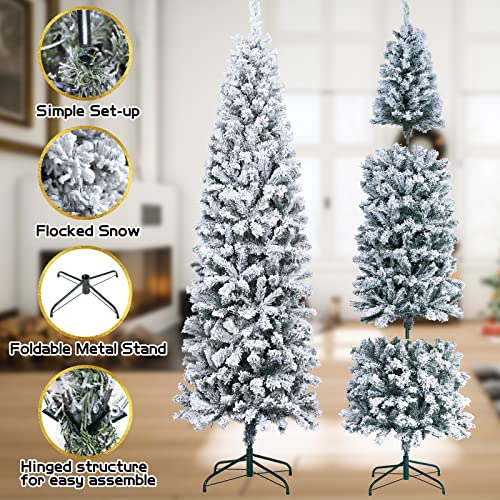 Product: 6FT Prelit Pencil Christmas Tree Artificial Snow Flocked Slim Skinny Christmas Trees with 250 LED Warm White Lights for Christmas Indoor Outdoor Decoration