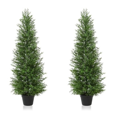 Product: 4FT OAKRED Artificial Cedar Topiary Trees - UV-Protected Norfolk Pine Set for Year-Round Outdoor & Indoor Decor