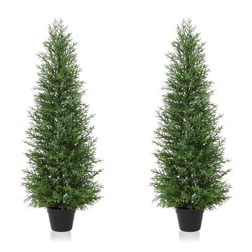 Product: 4FT OAKRED Artificial Cedar Topiary Trees - UV-Protected Norfolk Pine Set for Year-Round Outdoor & Indoor Decor