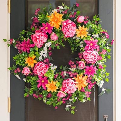 Silky Flower Store Balsam Hill Artificial Peony Outdoor Wreath, Pink Magenta Orange Boxwood Floral Decor, 30in 11 11 Product: Balsam Hill 30in Radiant Peony Outdoor Floral Artificial Wreath