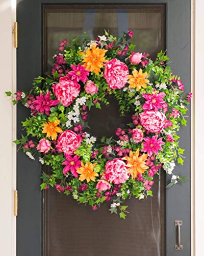Silky Flower Store Balsam Hill Artificial Peony Outdoor Wreath, Pink Magenta Orange Boxwood Floral Decor, 30in 5 5 Product: Balsam Hill 30in Radiant Peony Outdoor Floral Artificial Wreath