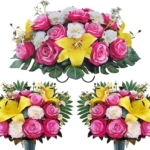 Product: AILVEMEE 3 PCS Artificial Cemetery Flowers Set with Vase - Pink Rose, Lily & Carnation Headstone Flower Saddle for Graves