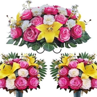 Product: AILVEMEE 3 PCS Artificial Cemetery Flowers Set with Vase - Pink Rose, Lily & Carnation Headstone Flower Saddle for Graves