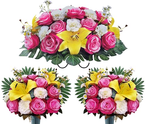 Product: AILVEMEE 3 PCS Artificial Cemetery Flowers Set with Vase - Pink Rose, Lily & Carnation Headstone Flower Saddle for Graves