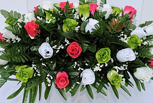 Silky Flower Store Pink Green White Rose Mix Cemetery Flower Saddle, Grave Headstone Decoration, Artificial Floral Arrangement, 20.5cm 3 3 Product: Spring Cemetery Flowers for Headstone and Grave Decoration-Pink Green and White Rose Mix Saddle