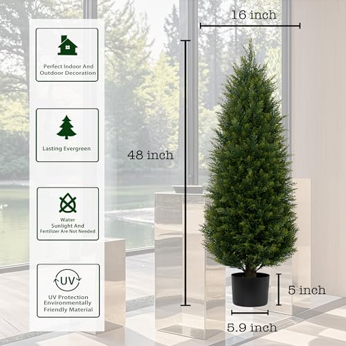 Product: Two 4ft Artificial Topiary Tree Fake Bushes Potted Plants UV Resistant Faux Cedar Trees Artificial Outdoor Shrubs for Front Porch Garden