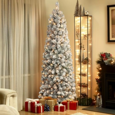 Product: SHareconn 7.5ft Prelit Snow Flocked Slim Pencil Christmas Tree - Warm White Lights & Full Branch Tips for Festive Holiday Decor