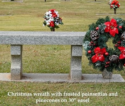 Silky Flower Store Artificial Christmas Wreath, Frosted Red Poinsettia Red Ornaments, Outdoor Indoor Décor, 24 Inch, 30 Inch Easel 13 13 Product: Christmas Wreath - Outdoor Christmas Decoration - 24 inch Wreath with Frosted Red Poinsettia and Red Ornaments on 30 Inch Easel