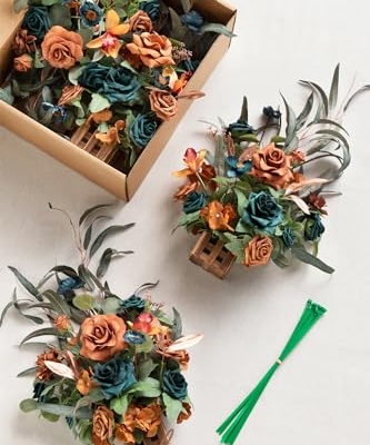 Silky Flower Store Tall Artificial Fall Wedding Aisle Flowers, Teal Burnt Orange Rose Centerpieces, 4pc Ceremony Reception Decor, 17.5in 17 17 Product: Ling's Moment 17.5" Tall Standing Artificial Flowers Arrangements 4pcs Fall Wedding Aisle Runner Chair Decorations Teal Burnt Orange Centerpieces Ceremony Reception Rose Floral Party Outdoor