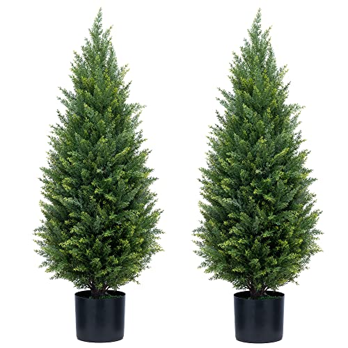 Product: 3ft Artificial Topiary Trees Artificial Cedar Trees UV Resistant Bushes Potted Set of 2 Faux Shrubs for Outdoor Indoor Front Porch Garden