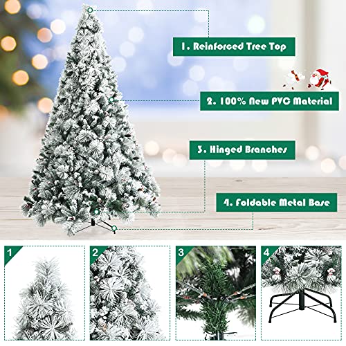 Product: Stunning Goplus 8ft Snow Flocked Christmas Tree - Artificial Hinged Pine with 1424 Glitter Branches & Pine Cones