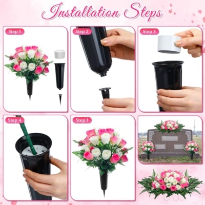 Product: XunYee 3 Pcs Artificial Cemetery Flower Set Cemetery Flowers Saddle Flowers Rose Bouquets with Vase 1 Saddle and 2 Memorial Bouquets for Outdoor Headstone Decor Grave(Pink, White)
