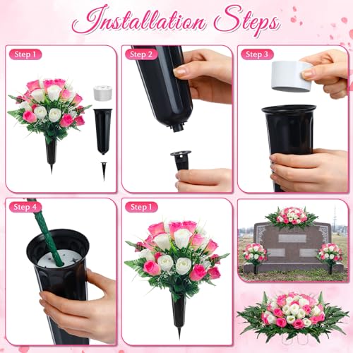 Product: XunYee 3 Pcs Artificial Cemetery Flower Set Cemetery Flowers Saddle Flowers Rose Bouquets with Vase 1 Saddle and 2 Memorial Bouquets for Outdoor Headstone Decor Grave(Pink, White)