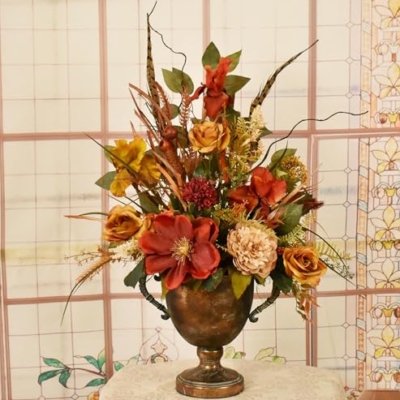 Product: Elegant LianBangSeaHorse Silk Iris & Rose Floral Arrangement in Metal Urn - Perfect for DIY Wedding Centerpieces & Home Decor
