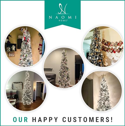 Product: Naomi Home Salzburg 6.5ft Frosted Prelit Slim Artificial Christmas Tree with 864 Branch Tips, 250 Warm Lights and Metal Stand, 30" Wide Realistic Snow Flocked Skinny Pencil Christmas Tree