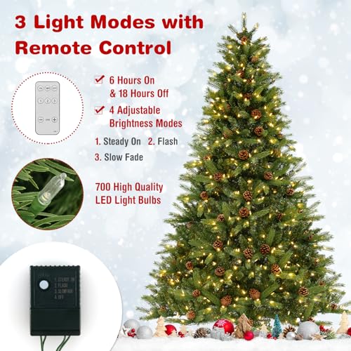Product: GOFLAME 7FT Pre-Lit Christmas Tree - Quick Shape Artificial Xmas Tree with 700 LED Lights, Remote, Timer & Pine Cones for Holiday Home Office Decor