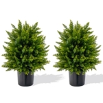 Product: Goplus 21.5” Artificial Cedar Topiary Ball Tree, Set of 2 Faux Potted Plants Artificial Shrubs Bushes with Cement Pot, Fake Evergreen Artificial Topiary for Indoor Outdoor Home Front Porch Decor