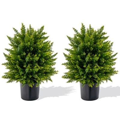 Product: Goplus 21.5” Artificial Cedar Topiary Ball Tree, Set of 2 Faux Potted Plants Artificial Shrubs Bushes with Cement Pot, Fake Evergreen Artificial Topiary for Indoor Outdoor Home Front Porch Decor