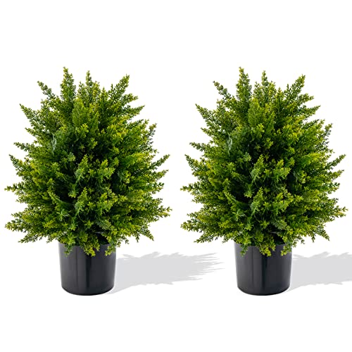 Product: Goplus 21.5” Artificial Cedar Topiary Ball Tree, Set of 2 Faux Potted Plants Artificial Shrubs Bushes with Cement Pot, Fake Evergreen Artificial Topiary for Indoor Outdoor Home Front Porch Decor