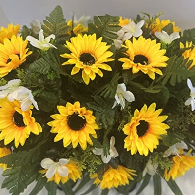 Product: Cemetery Headstone Saddle Arrangement with Yellow Sunflowers and White Daisies-Grave Decoration
