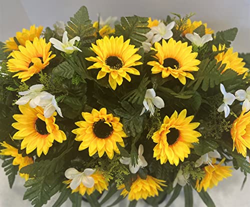 Product: Cemetery Headstone Saddle Arrangement with Yellow Sunflowers and White Daisies-Grave Decoration