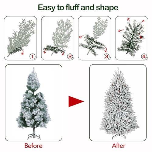 Product: Hykolity 6.5 ft Snow Flocked Prelit Christmas Tree, Artificial Christmas Tree with Pine Cones and Berries, 1854 PVC Branch Tips, 650 Warm White LED Lights, Metal Stand and Hinged Branches