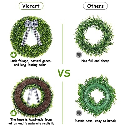 Silky Flower Store Artificial Boxwood Wreath, Faux Round Boxwood Wreath with Plaid Bow, UV Resistant Indoor Outdoor Decor, 32in 10 10 Product: Vlorart 32" Faux Round Boxwood Wreath, Artificial Large Boxwood Wreath Front Door Wreaths Artificial Spring Summer Greenery Hanging with A Plaid Bow for Villa Wall Hanging Window Wedding Party Decor