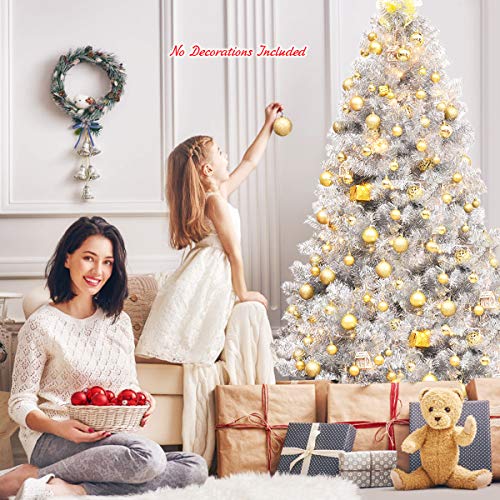 Silky Flower Store Silver Artificial Christmas Tree, 6ft Hinged Full Design, Electroplated Finish, Metal Stand, Indoor Outdoor 6ft 7 7 Product: 6ft Goplus Silver Artificial Christmas Tree - Hinged Full Design with Electroplated Finish & Metal Stand for Indoor/Outdoor Holiday Decor
