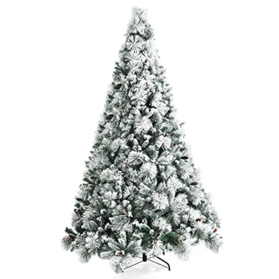 Product: Stunning Goplus 8ft Snow Flocked Christmas Tree - Artificial Hinged Pine with 1424 Glitter Branches & Pine Cones