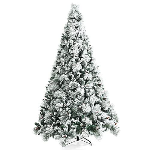 Product: Stunning Goplus 8ft Snow Flocked Christmas Tree - Artificial Hinged Pine with 1424 Glitter Branches & Pine Cones