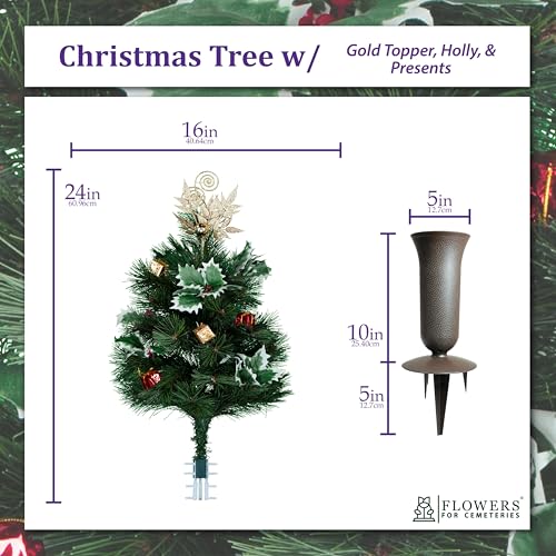Product: Sympathy Silks Artificial Cemetery Flowers - Gravesite Flowers - Gold Topper Christmas Tree w Holly and Presents - (1) Tree (1) Cemetery Vase