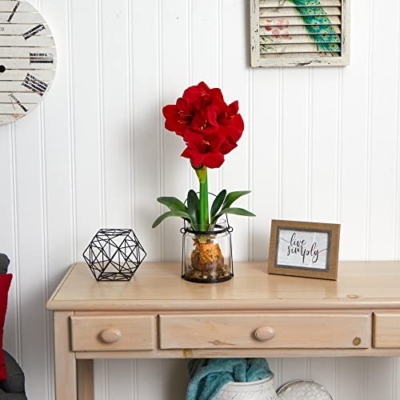 Silky Flower Store Nearly Natural Red Amaryllis Floral Arrangement with Vase, Artificial Crystal Pot Decor, 15 in x 15 in x 24 in 11 11 Product: Nearly Natural Amaryllis with Vase Floral Decor, 24", Red, 15 in x 15 in x 24 in