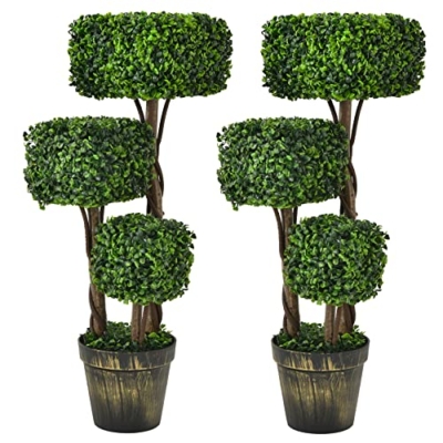 Product: Goplus 36” Artificial Boxwood Topiary Trees - 2 Pack Faux Greenery with Cement-Filled Pots for Indoor Decor
