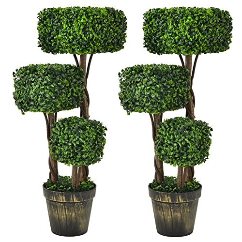 Product: Goplus 36” Artificial Boxwood Topiary Trees - 2 Pack Faux Greenery with Cement-Filled Pots for Indoor Decor