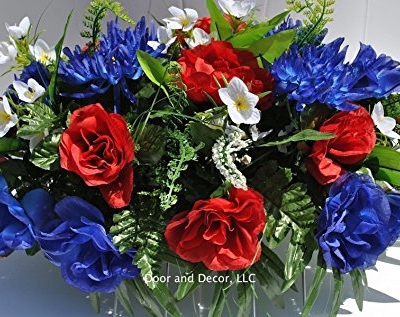 Product: Summer Patriotic Cemetery Flowers with Red Roses, Blue Spider Mums, Blue Roses, and White Forget-me-nots headstone saddle arrangement